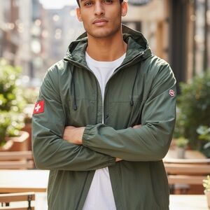 Victorinox Mens Hooded Green Swiss Army Logo Stow-Away Coat